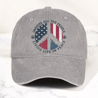 Imagine All The People Living Life In Peace Sign American Flag Denim Cap - Retro Vintage Dad Cap Gift For Dad