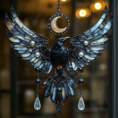 Crescent Moon Raven Acrylic Window, Acrylic Window Hanging