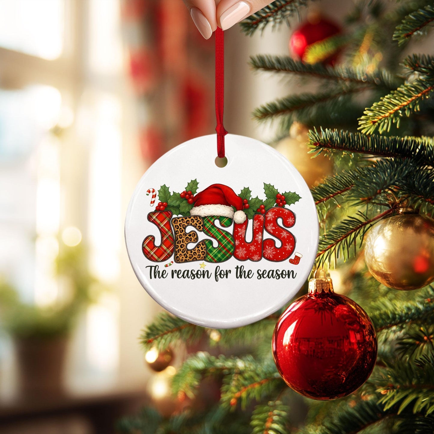 Jesus Ornament Ceramic, Christian Christmas Decoration With Santa Hat, Christian Circle Ceramic Ornament