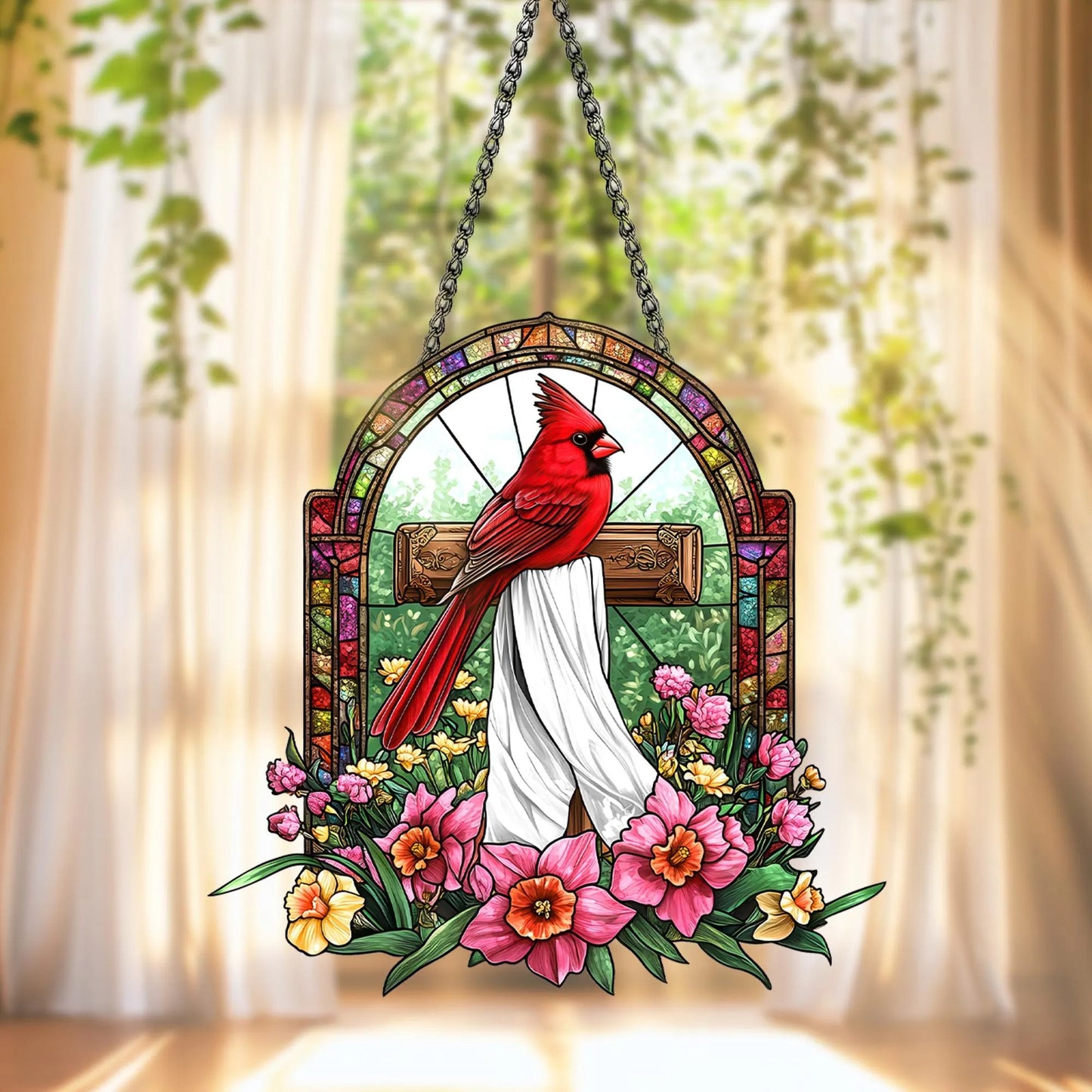 Cardinal Cross Acrylic Window, Christian Acrylic Window Hanging