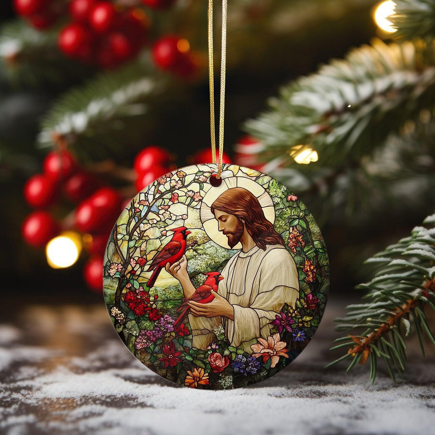 Jesus & Cross Ornament, Christian Circle Ceramic Ornament