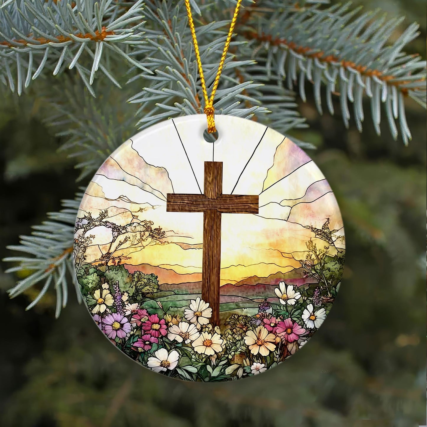 Jesus & Cross Ornament, Christian Circle Ceramic Ornament