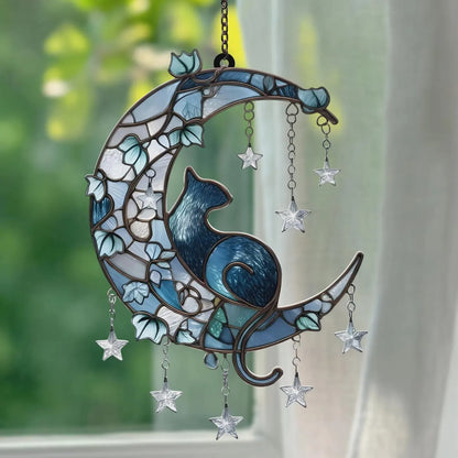 Cat on Crescent Moon Acrylic Window, Acrylic Window Hanging
