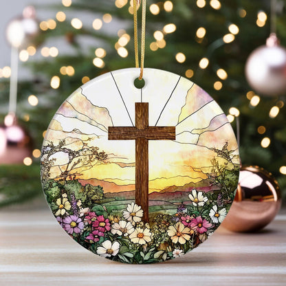 Jesus & Cross Ornament, Christian Circle Ceramic Ornament