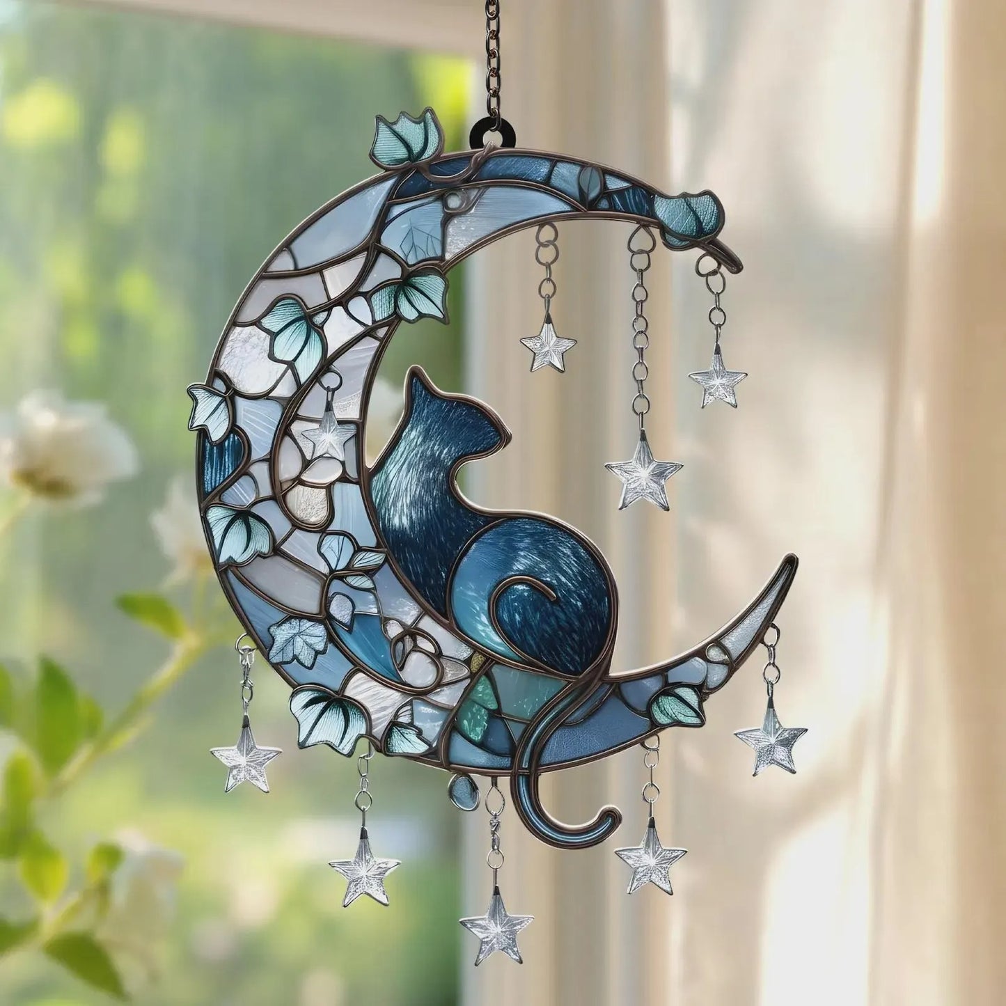 Cat on Crescent Moon Acrylic Window, Acrylic Window Hanging