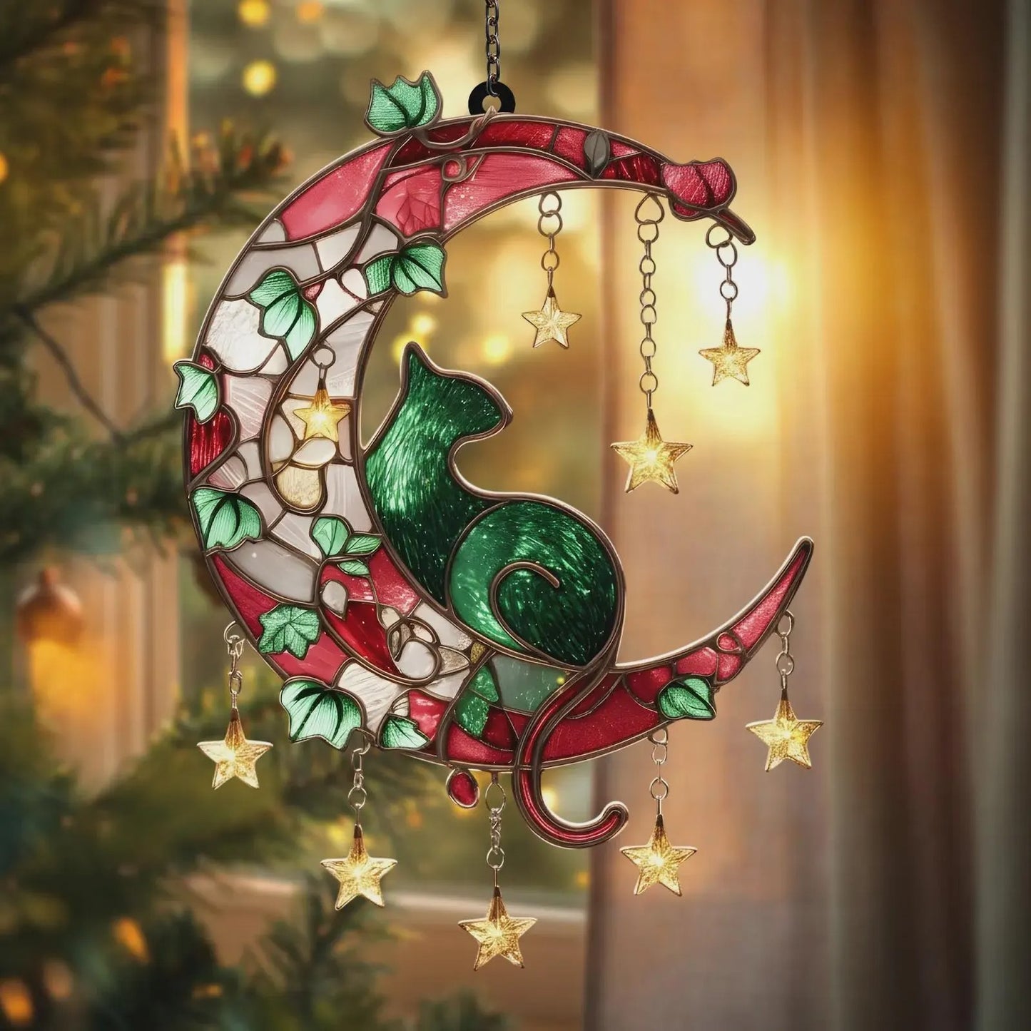 Cat on Crescent Moon Acrylic Window, Acrylic Window Hanging