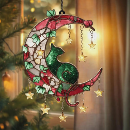 Cat on Crescent Moon Acrylic Window, Acrylic Window Hanging