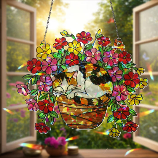 Calico Cat Flower Pot Hologram Acrylic Suncatcher