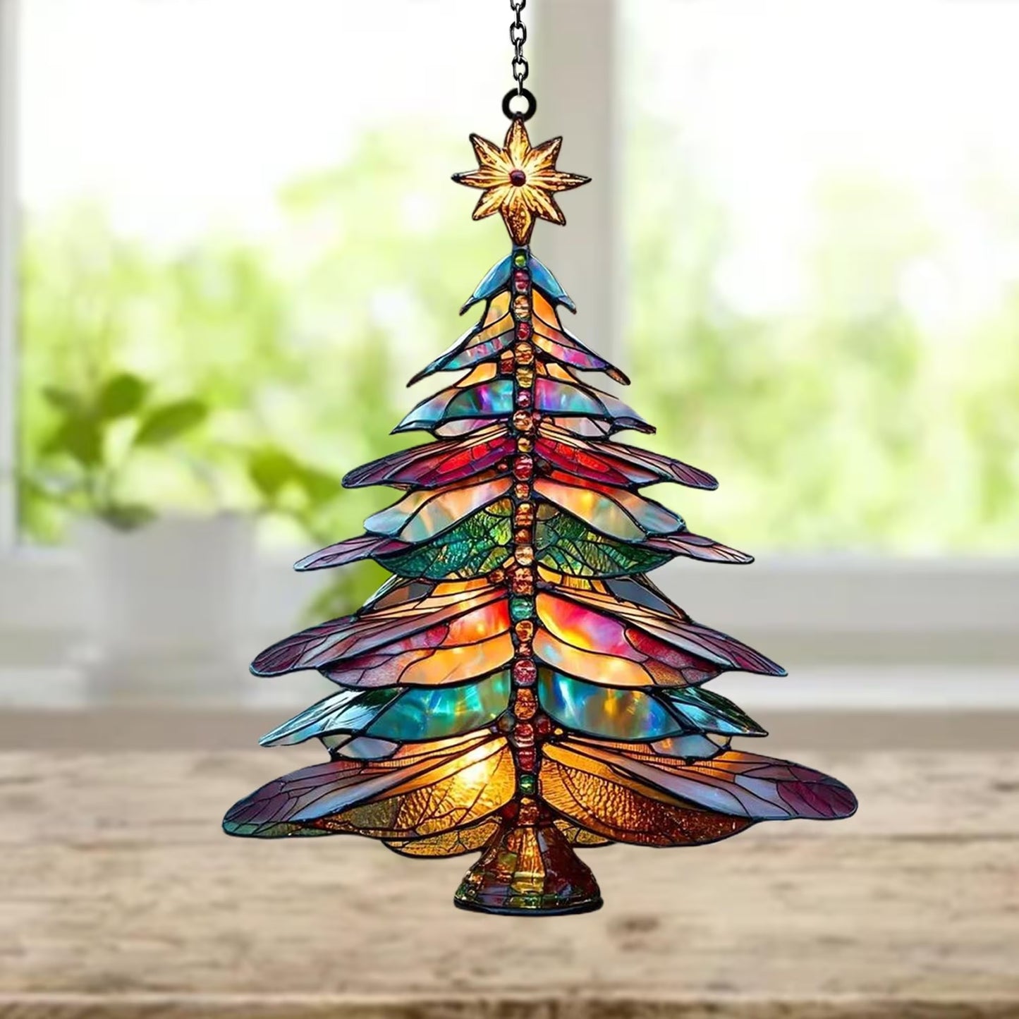Festive Dragonfly Christmas Tree Acrylic Suncatcher,beautiful Hanging Ornament for Windows