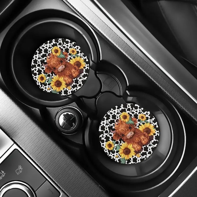 Sunflower Highland Cow Car Coaster