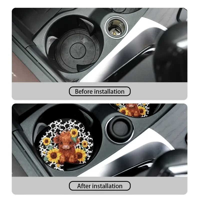 Sunflower Highland Cow Car Coaster