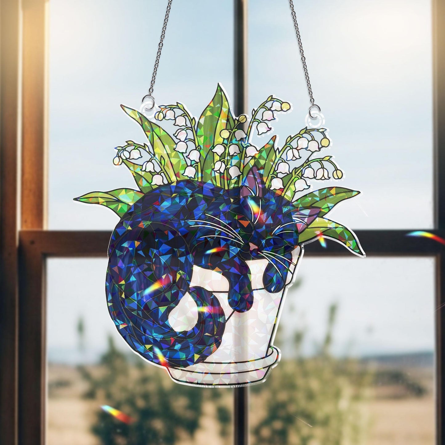 Black Cat Lily of the Valley Hologram Acrylic Suncatcher