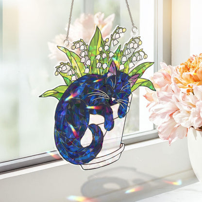 Black Cat Lily of the Valley Hologram Acrylic Suncatcher