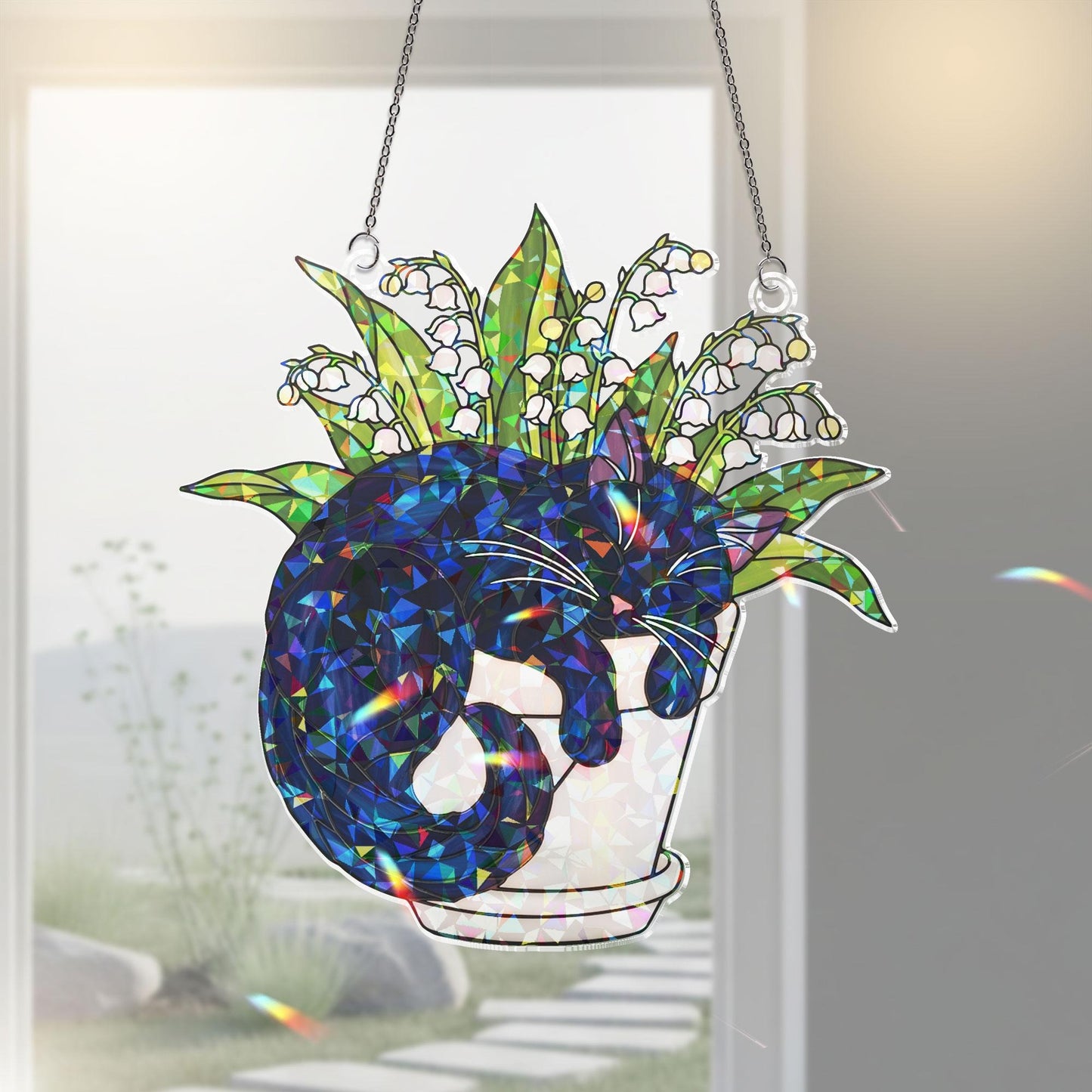 Black Cat Lily of the Valley Hologram Acrylic Suncatcher