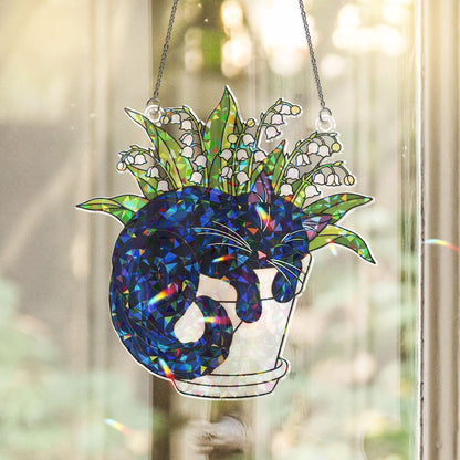 Black Cat Lily of the Valley Hologram Acrylic Suncatcher