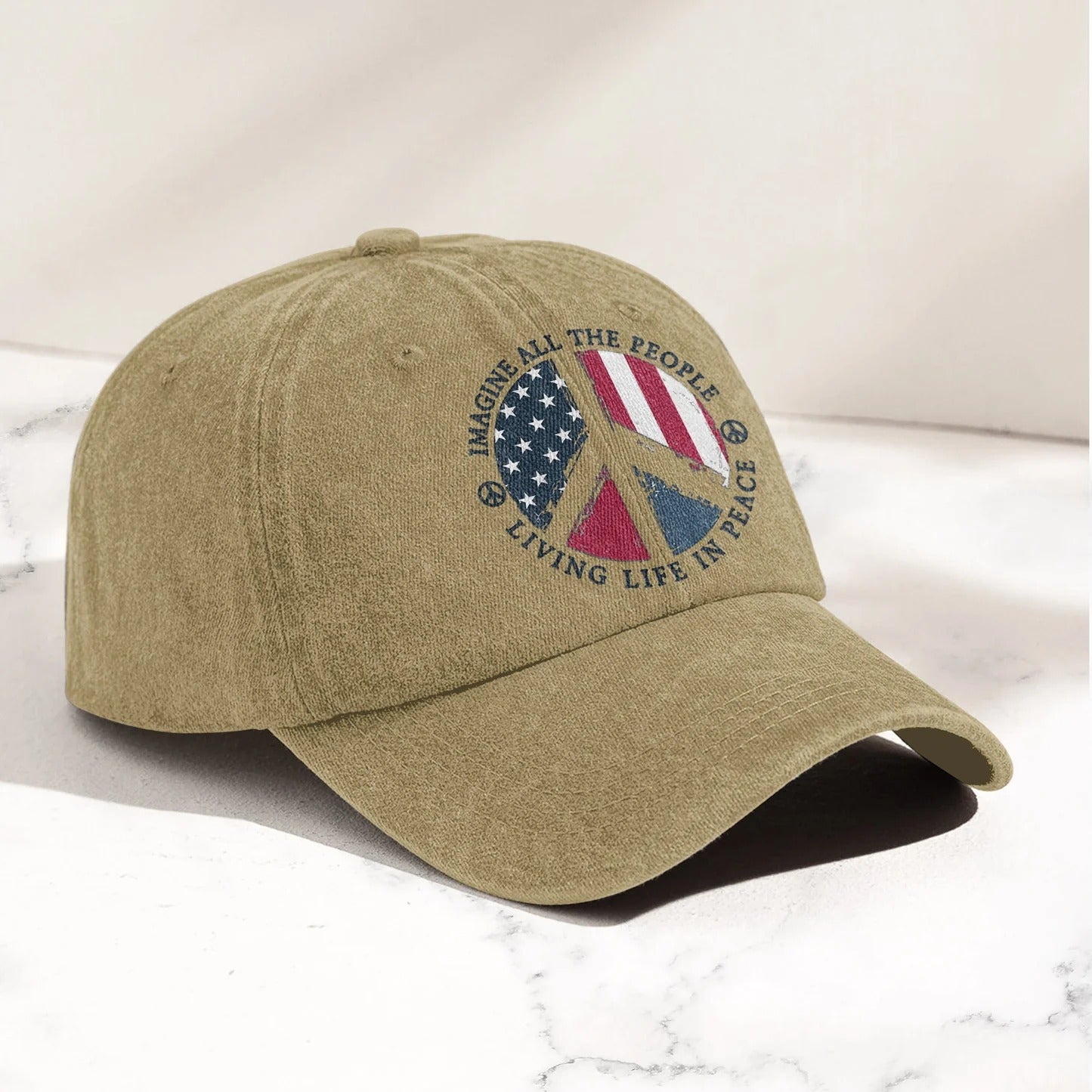 Imagine All The People Living Life In Peace Sign American Flag Denim Cap - Retro Vintage Dad Cap Gift For Dad