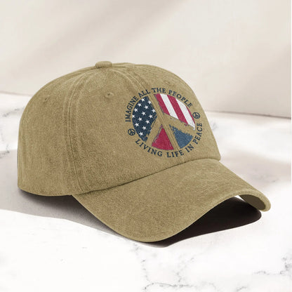 Imagine All The People Living Life In Peace Sign American Flag Denim Cap - Retro Vintage Dad Cap Gift For Dad