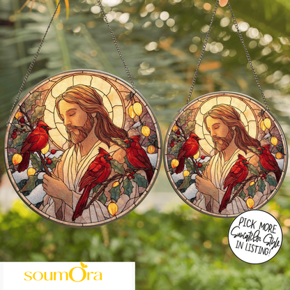 Christian With Cardinals Stained Glass Suncatcher
