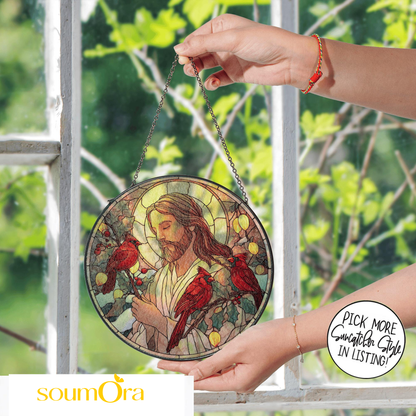 Christian With Cardinals Stained Glass Suncatcher