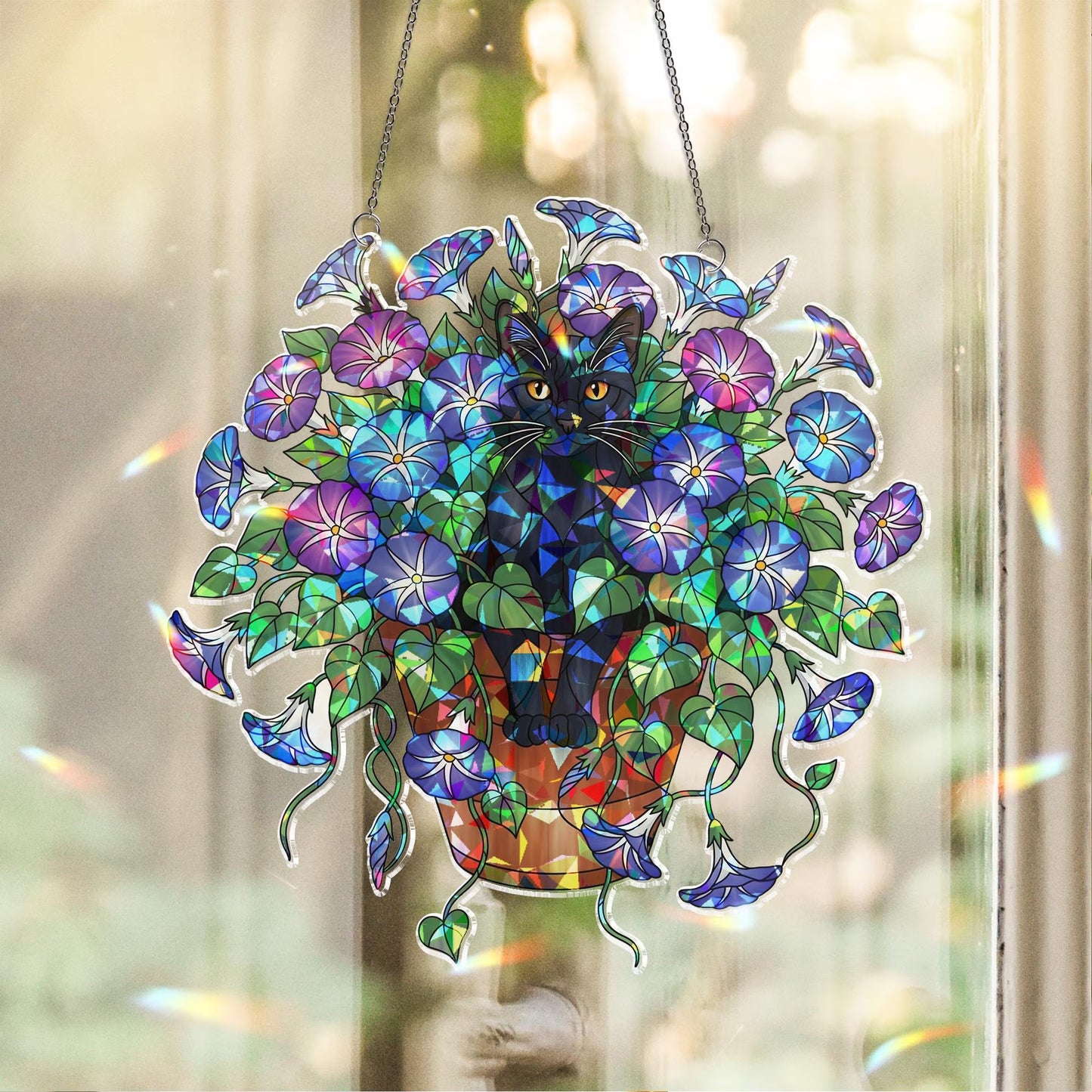 Black Cat Sitting on A Glory Flower Pot Hologram Acrylic Suncatcher