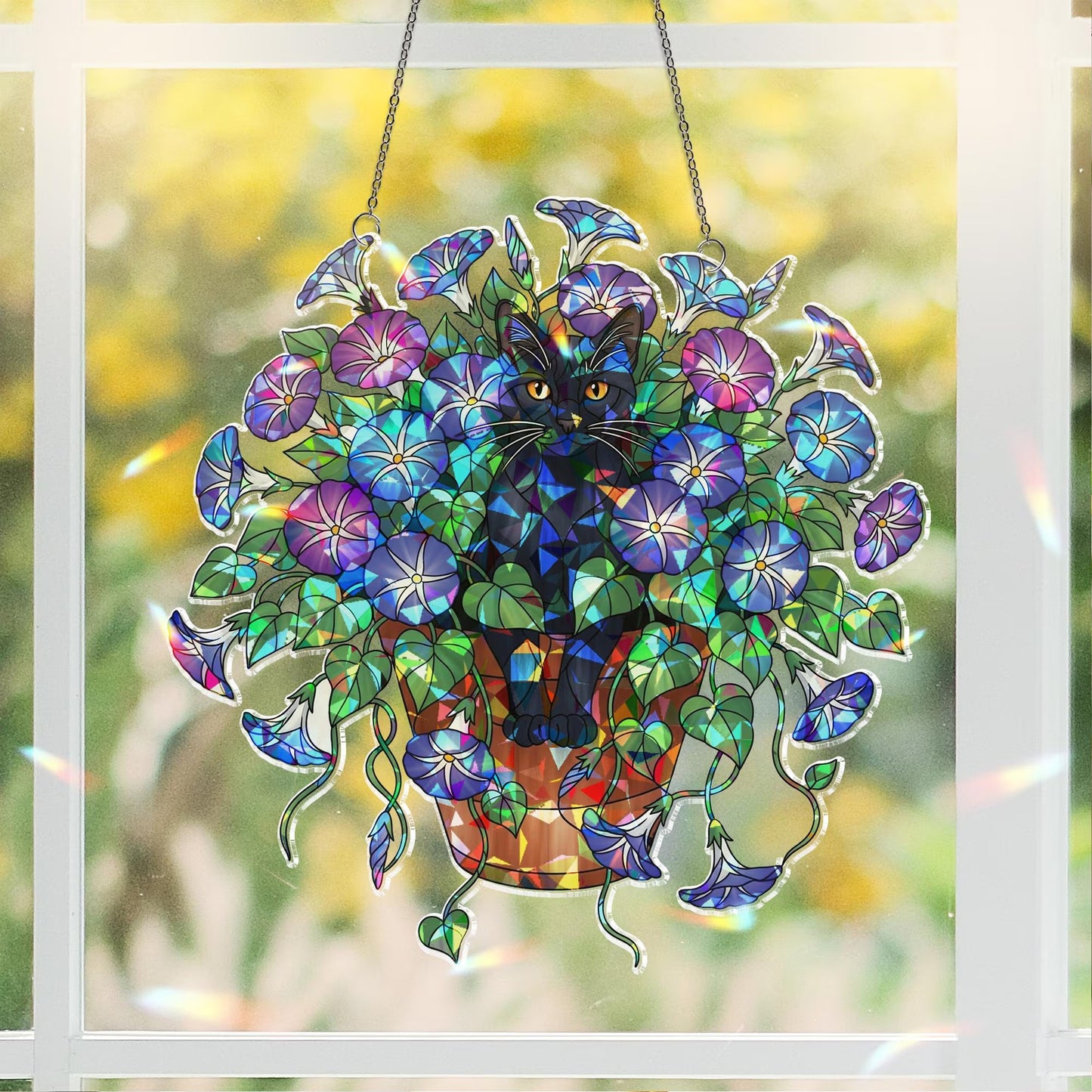 Black Cat Sitting on A Glory Flower Pot Hologram Acrylic Suncatcher
