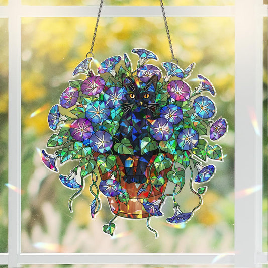 Black Cat Sitting on A Glory Flower Pot Hologram Acrylic Suncatcher