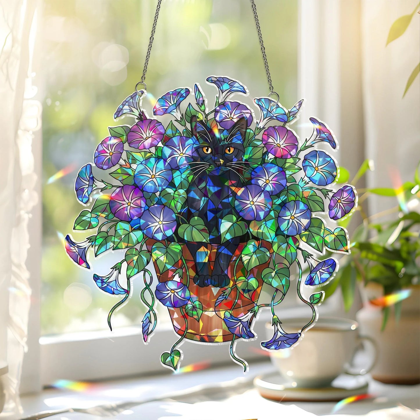 Black Cat Sitting on A Glory Flower Pot Hologram Acrylic Suncatcher