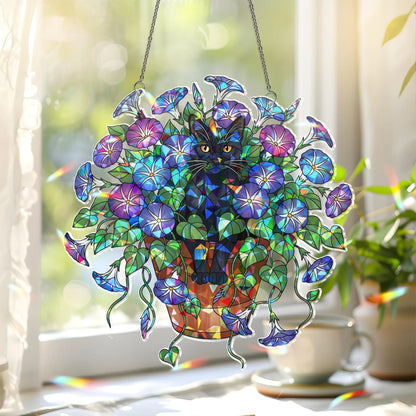 Black Cat Sitting on A Glory Flower Pot Hologram Acrylic Suncatcher