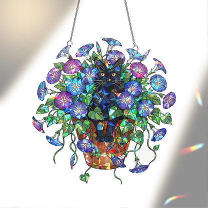 Black Cat Sitting on A Glory Flower Pot Hologram Acrylic Suncatcher