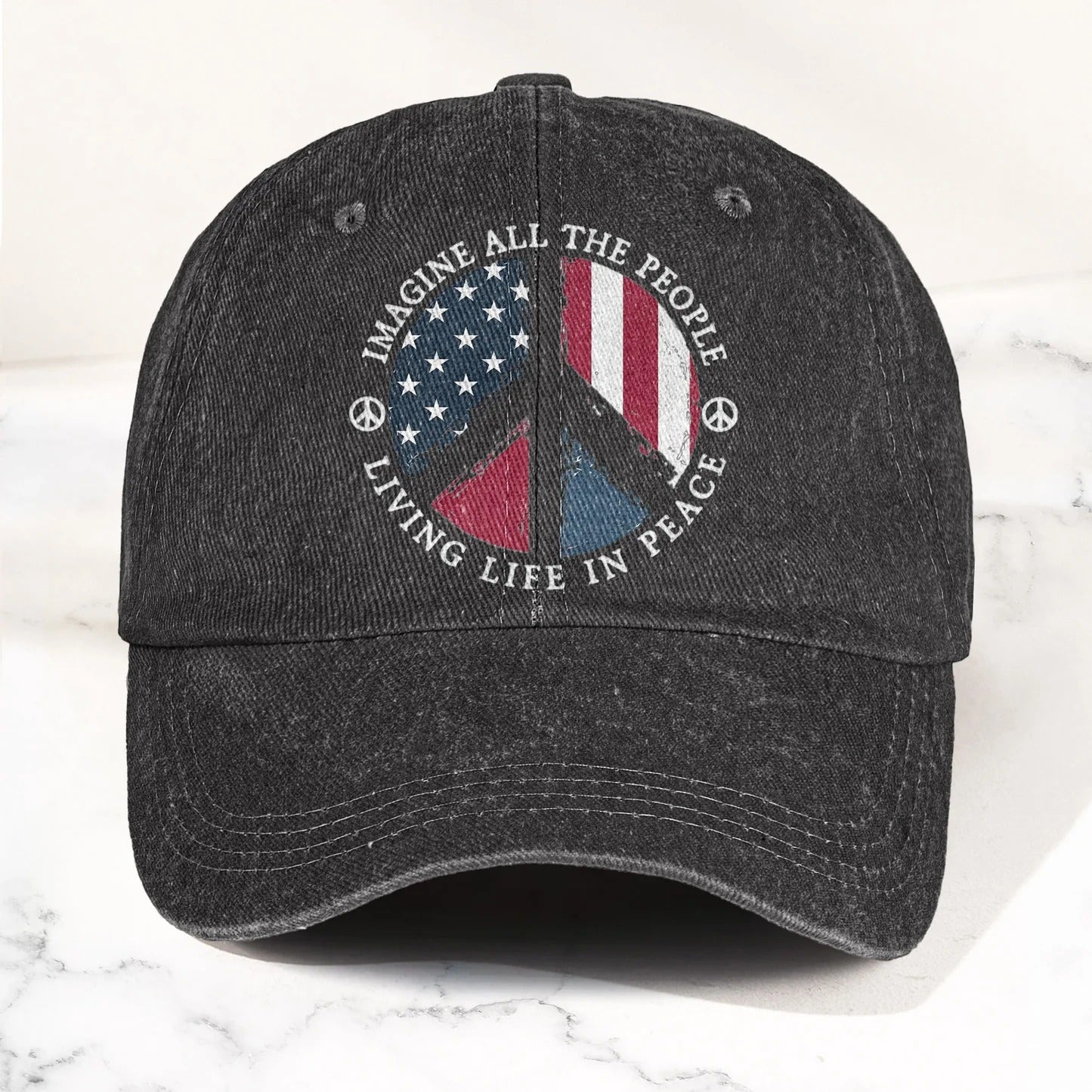 Imagine All The People Living Life In Peace Sign American Flag Denim Cap - Retro Vintage Dad Cap Gift For Dad