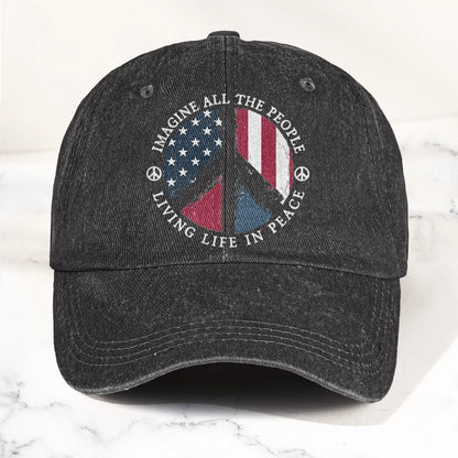Imagine All The People Living Life In Peace Sign American Flag Denim Cap - Retro Vintage Dad Cap Gift For Dad