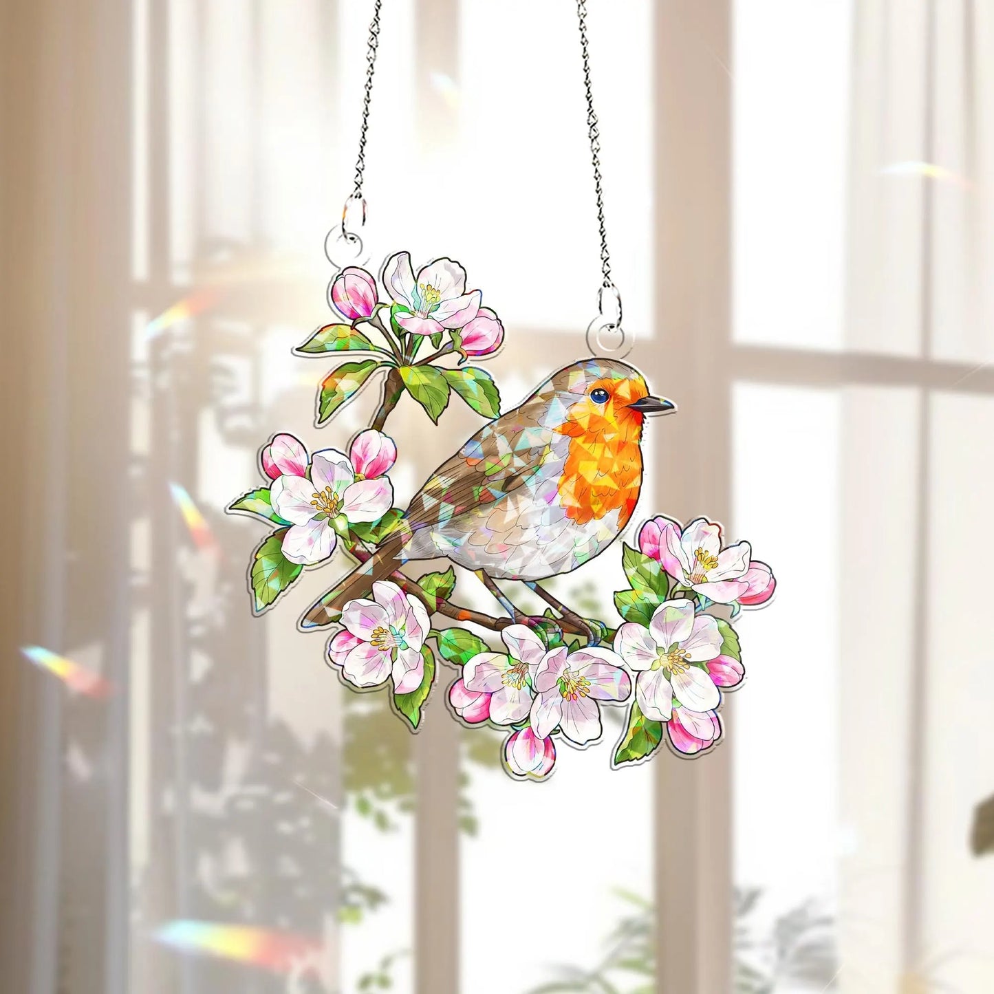 Robin & Apple Blossoms Hologram Acrylic Window Hanging