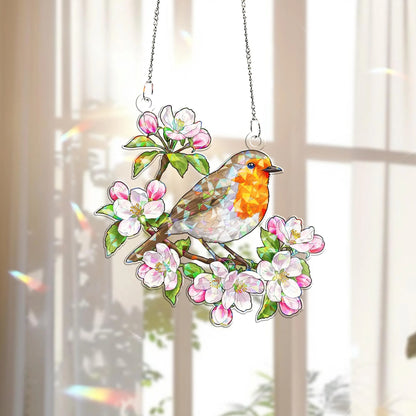 Robin & Apple Blossoms Hologram Acrylic Window Hanging