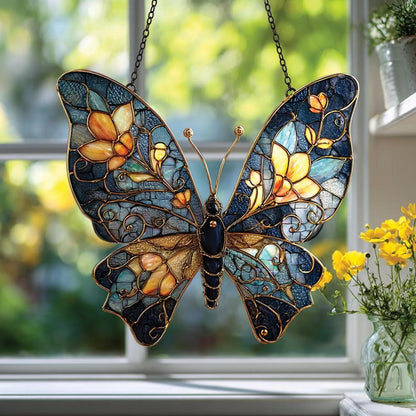 Blue and Gold Butterfly Faux Stained Glass Suncatcher