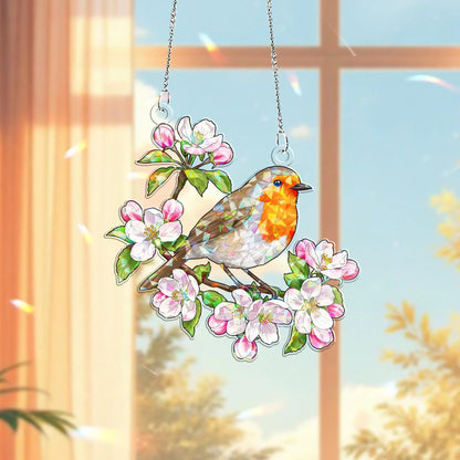 Robin & Apple Blossoms Hologram Acrylic Window Hanging