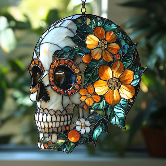 Floral Sugar Skull Acrylic Window Hanging, Acrylic Window Hanging