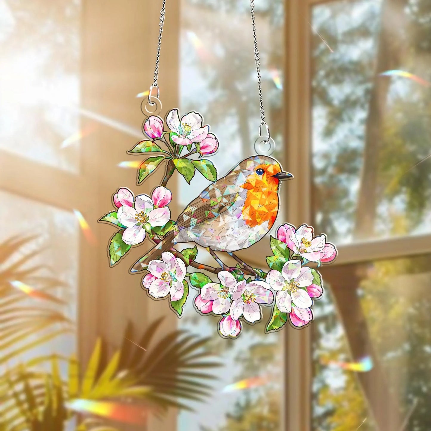 Robin & Apple Blossoms Hologram Acrylic Window Hanging