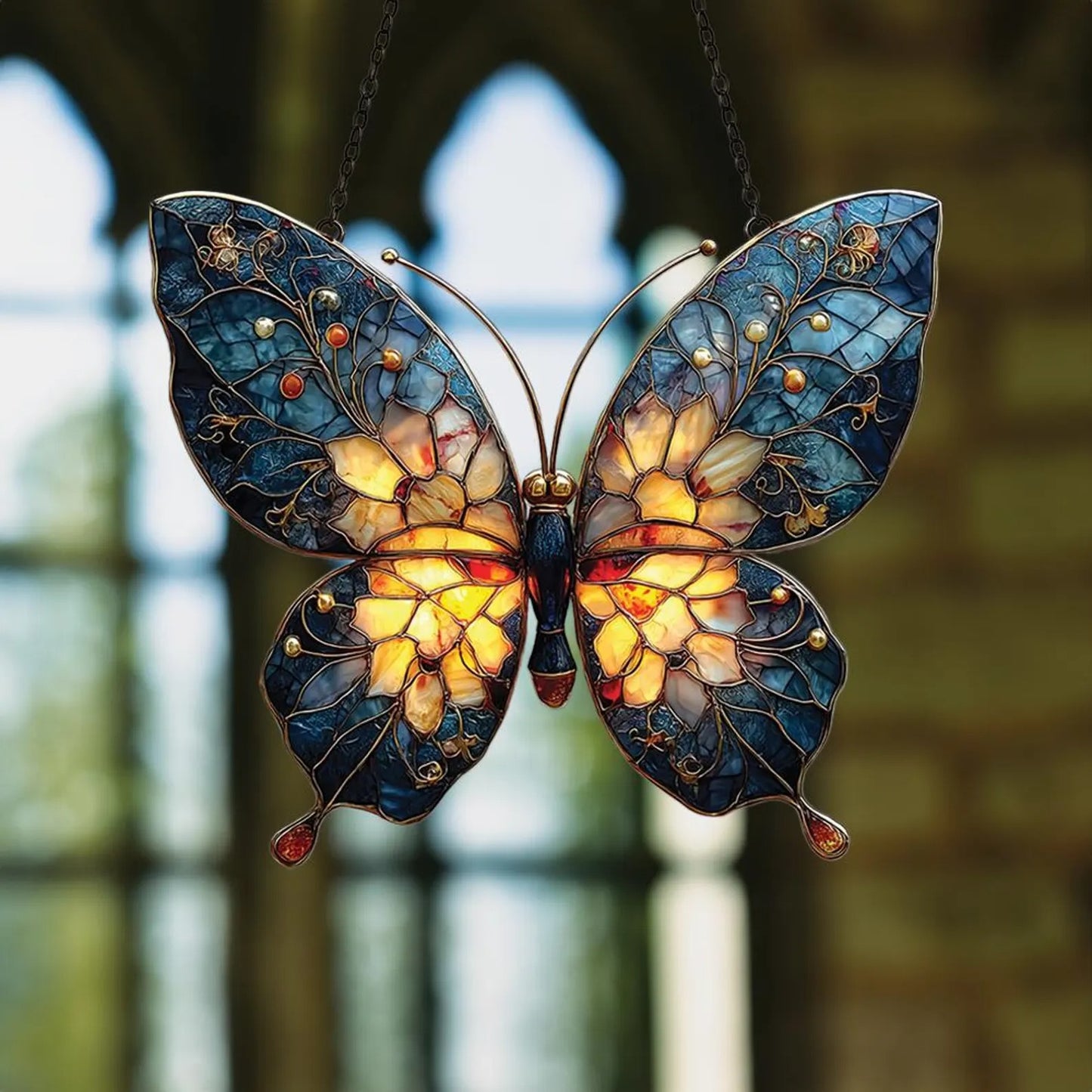 Blue and Gold Butterfly Faux Stained Glass Suncatcher