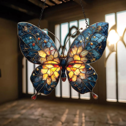 Blue and Gold Butterfly Faux Stained Glass Suncatcher