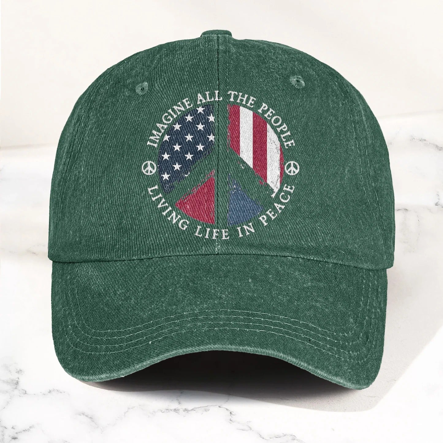 Imagine All The People Living Life In Peace Sign American Flag Denim Cap - Retro Vintage Dad Cap Gift For Dad
