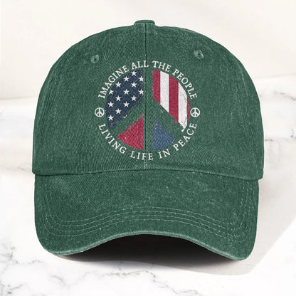 Imagine All The People Living Life In Peace Sign American Flag Denim Cap - Retro Vintage Dad Cap Gift For Dad