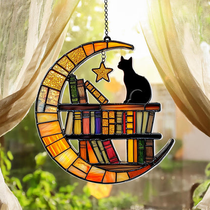 Cat Reading on the Moon Faux Acrylic Window, Acrylic Window Hanging