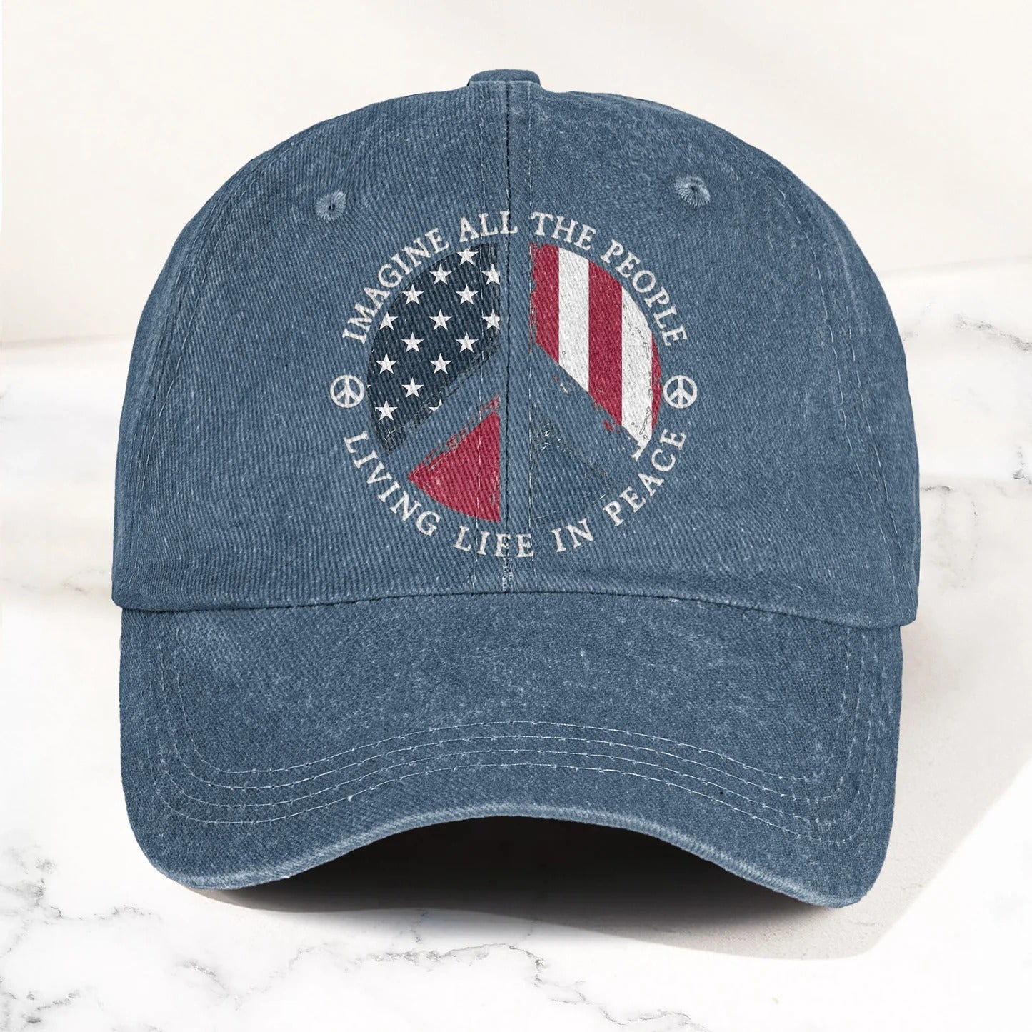 Imagine All The People Living Life In Peace Sign American Flag Denim Cap - Retro Vintage Dad Cap Gift For Dad