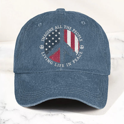 Imagine All The People Living Life In Peace Sign American Flag Denim Cap - Retro Vintage Dad Cap Gift For Dad