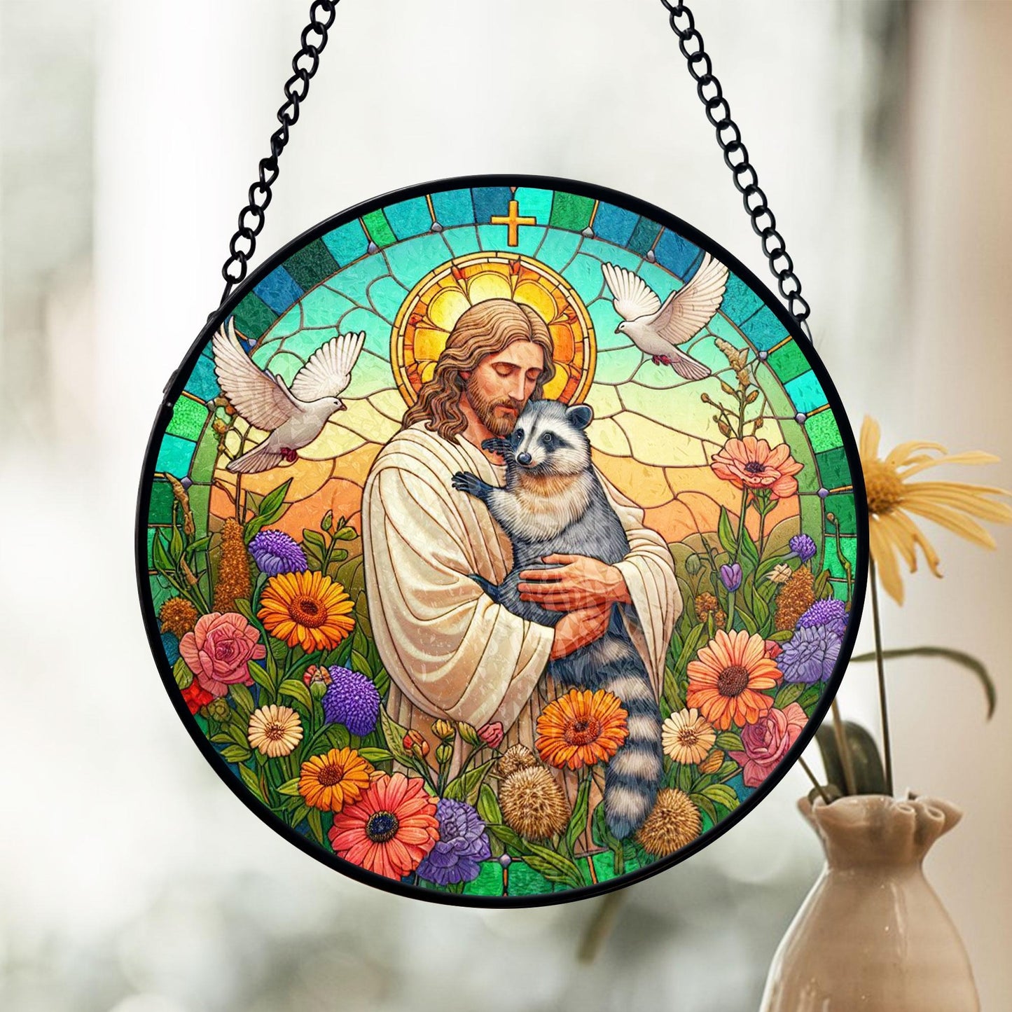 Jesus Hugging Raccoon Stained Glass Suncatcher
