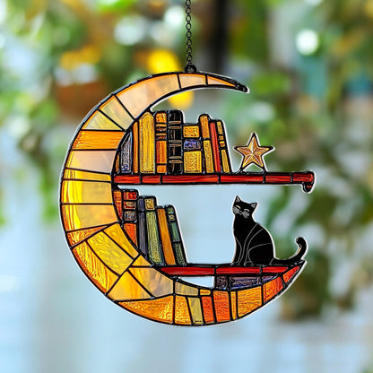 Cat Reading on the Moon Faux Acrylic Window, Acrylic Window Hanging