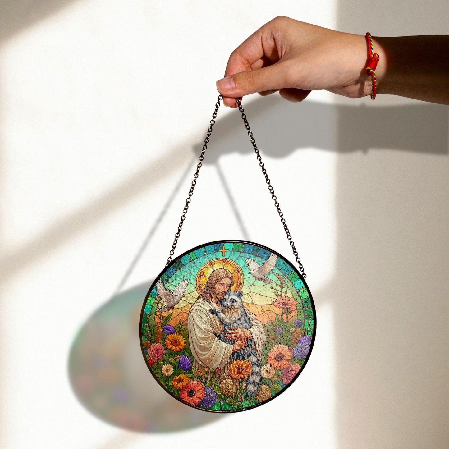 Jesus Hugging Raccoon Stained Glass Suncatcher