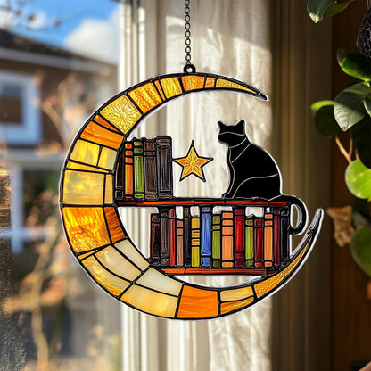 Cat Reading on the Moon Faux Acrylic Window, Acrylic Window Hanging