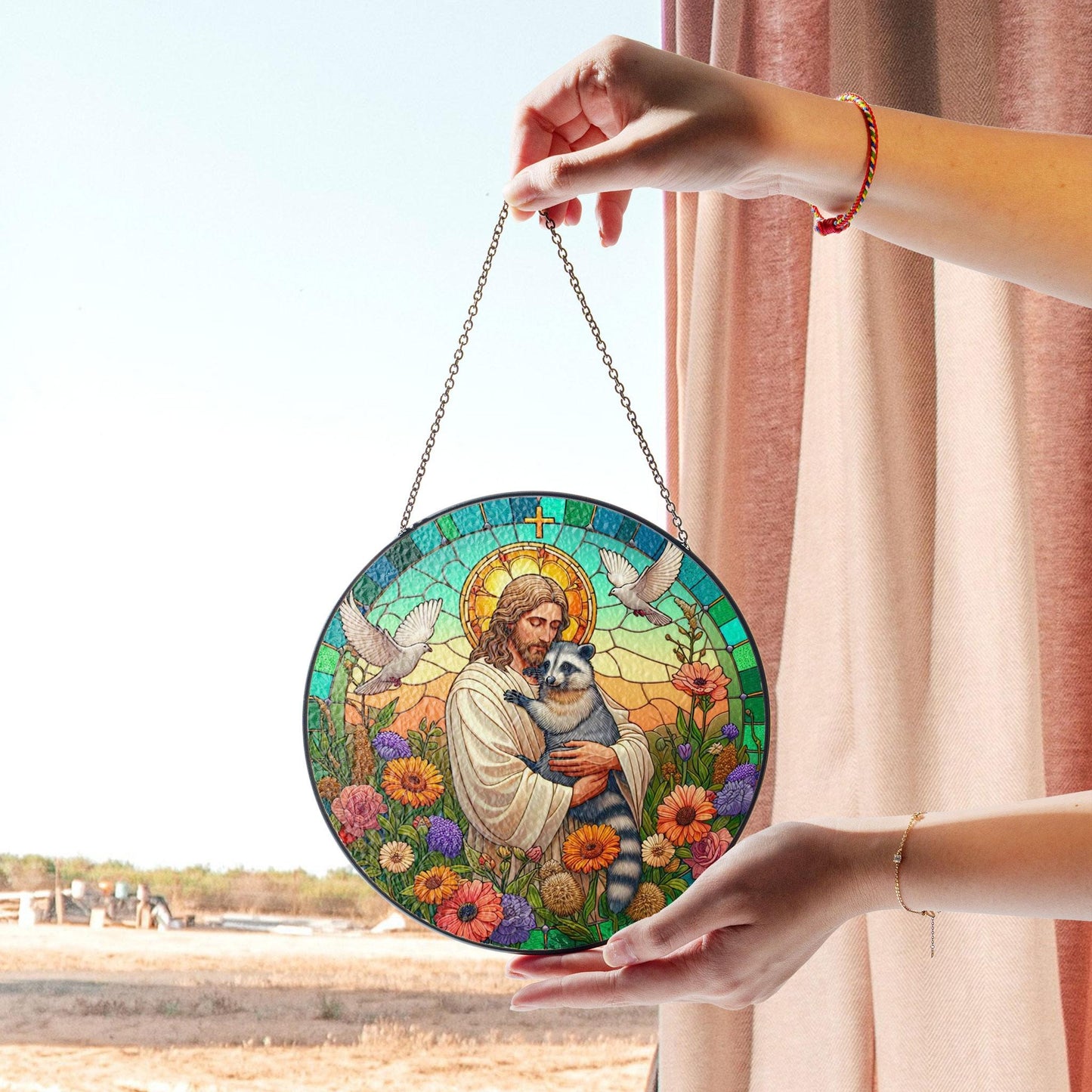 Jesus Hugging Raccoon Stained Glass Suncatcher