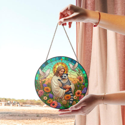 Jesus Hugging Raccoon Stained Glass Suncatcher